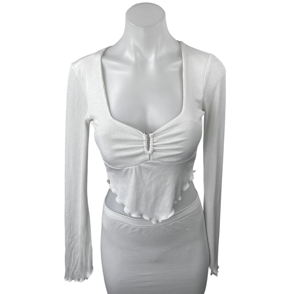 Steele White Ribbed Knit Long Sleeve Lettuce Edge Asymmetric Crop Top Size XS